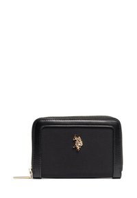 Czarny portfel na zamek, wykonany z materiału skórzanego i tekstylnego; posiada złoty akcent logo oraz zwartą prostokątną formę.