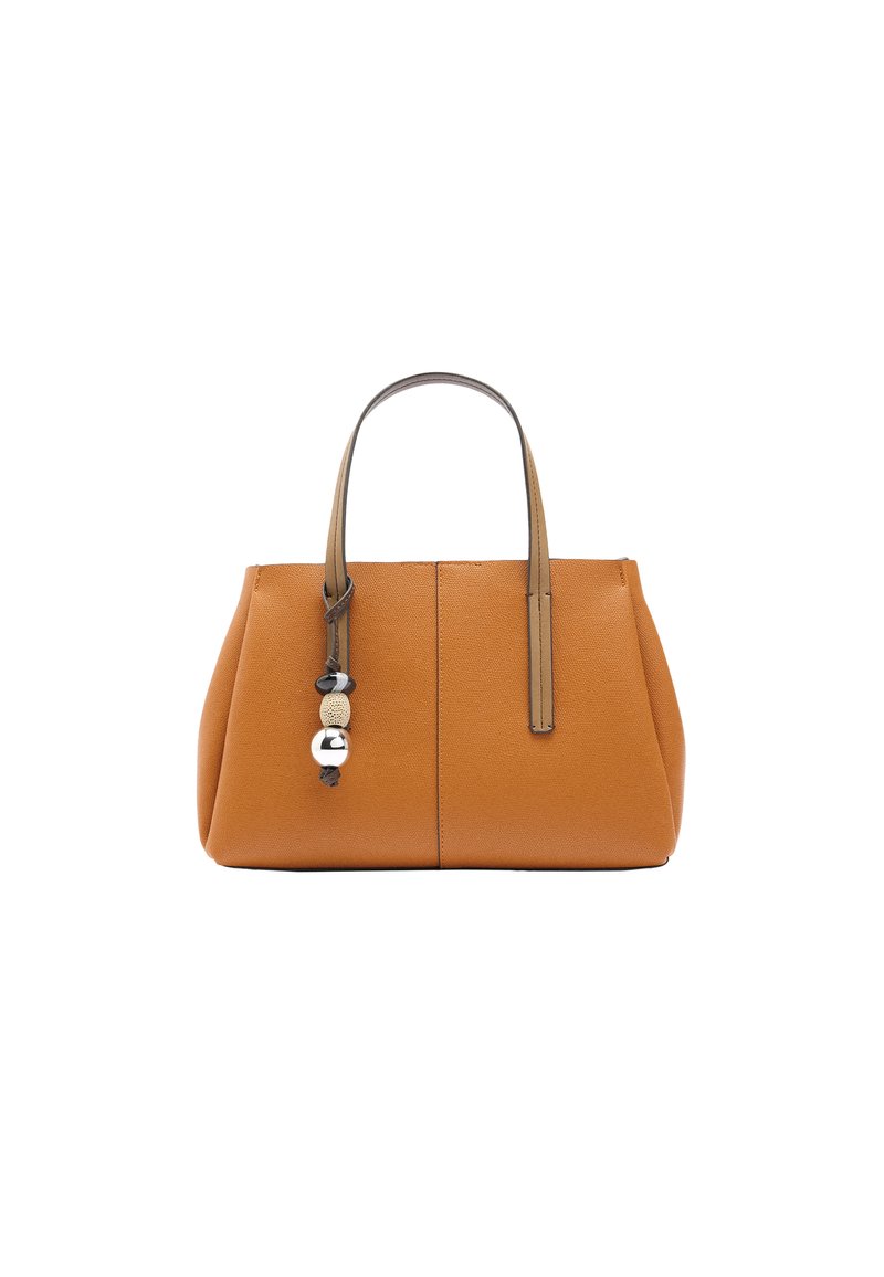 Strukturalna pomarańczowa torebka na ramię z dwoma krótkimi uchwytami, wykonana z teksturowanej skóry, z dekoracyjnym akcentem w postaci koralików i sznurka po jednej stronie.