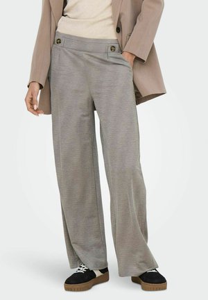 Wide-leg gray trousers in a soft fabric, featuring two decorative buttons at the waistband and side pockets, paired with black sneakers.