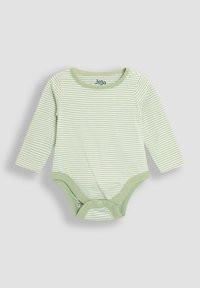 Body pentru bebeluși cu mânecă lungă, de culoare verde deschis cu dungi albe. Dispune de un guler rotund și capse la baza body-ului. Textură de țesătură moale.