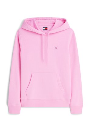 Rosa Kapuzenpullover mit Kängurutasche vorne, verstellbarer Kapuze und kleinem Tommy Jeans Logo auf der Brust, dargestellt vor weißem Hintergrund.
