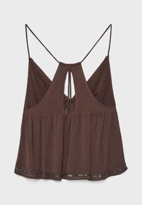 Haut marron sans manches avec fines bretelles, dos en forme de goutte d'eau avec fermeture nouée, coupe ample et bordure ornée de sequins le long de l'ourlet.