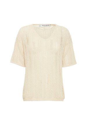 Lichtbeige gebreide trui met een V-hals, korte mouwen en een verlengd opengeweven patroon, met een relaxte pasvorm en ribgebreide rand.