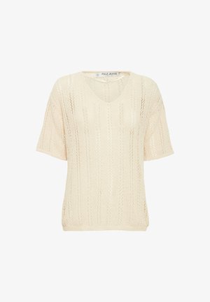 Lichtbeige gebreide trui met een V-hals, korte mouwen en een verlengd opengeweven patroon, met een relaxte pasvorm en ribgebreide rand.