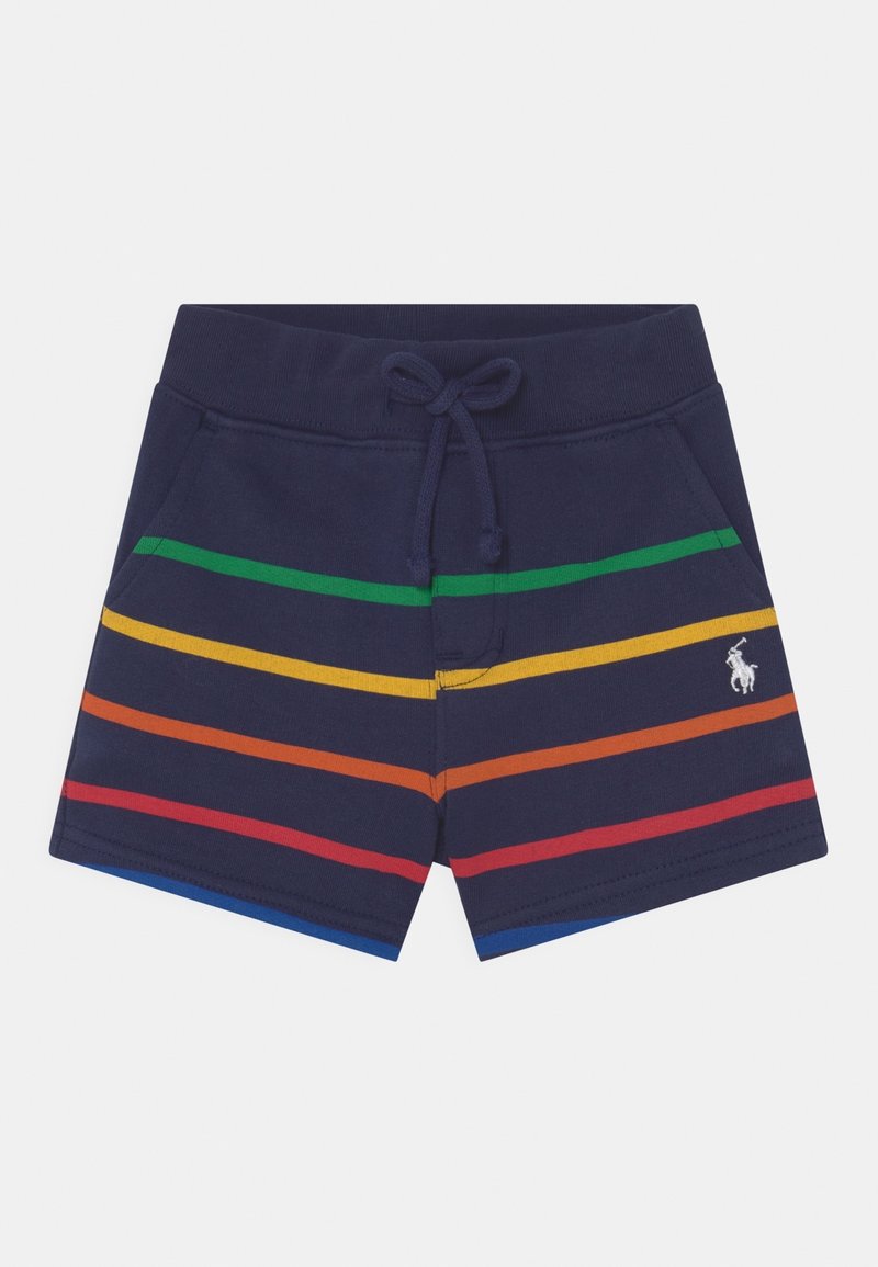 Shorts bleu marine pour tout-petit avec des rayures vertes, jaunes, orange et rouges, taille à cordon et petit logo cheval blanc sur la jambe droite.