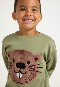 Felpa verde con una grande faccia di castoro marrone in peluche, dotata di baffi e occhi neri, su uno sfondo di tessuto liscio.