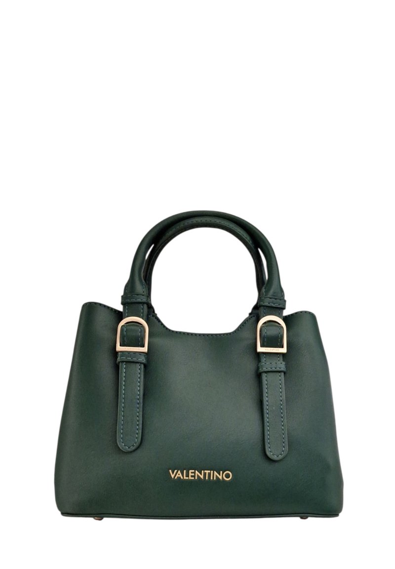 Borsa a mano in pelle verde con design strutturato, dettagli in metallo dorato, due manici corti e nome del marchio impresso sul davanti.