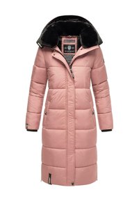 Cămașă lungă de puf roz, cu glugă căptușită cu blană, închidere cu fermoar, quilting orizontal, buzunare laterale și accente negre pe mansete și guler.