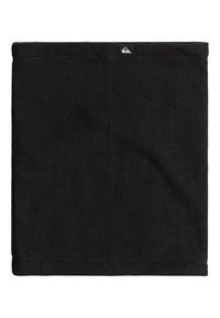 Sort fleece halsvarmer, rektangulær form, blød tekstur, med en stikning i kanten og et lille logostik på den ene kant.