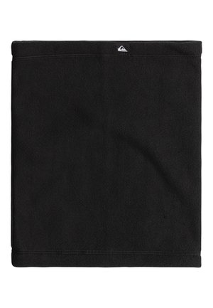 Chauffe-nuque en polaire noire, forme rectangulaire, texture douce, avec un ourlet cousu et une petite étiquette de logo sur un bord.