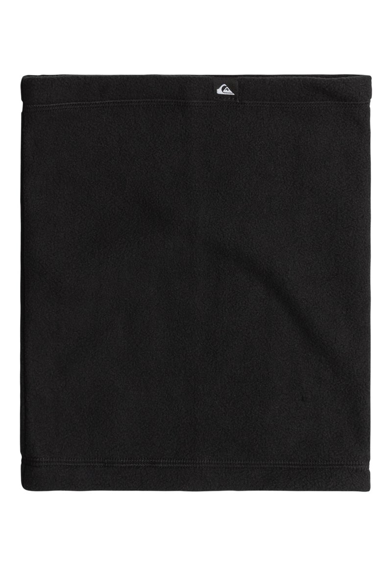 Sort fleece halsvarmer, rektangulær form, blød tekstur, med en stikning i kanten og et lille logostik på den ene kant.