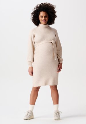 Beiger Strickkleid mit taillierter Silhouette, langen Ärmeln, hohem Ausschnitt und einem Bindegürtel in der Taille. Weiche Textur, knielang.