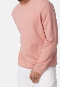 Jasnoróżowy sweatshirt z długimi rękawami, okrągłym dekoltem, ribbrowymi mankietami i subtelnym logo na piersi. Miękka tekstura materiału.