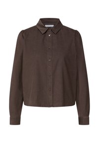 Brown corduroy button-up shirt with a collar, long sleeves, and a curved hem. Features distinctive button closure and subtle pattern texture.
