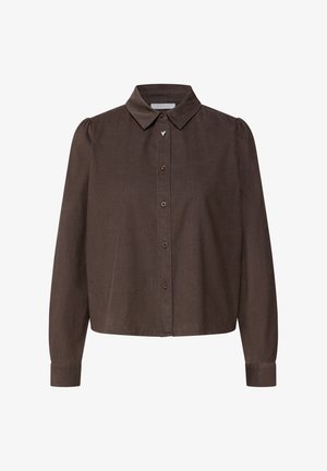 Ruskea mannapintainen nappipaita, jossa on kaulus, pitkät hihat ja kaareva helma. Ominaisuuksiin kuuluu tunnistettava napitus ja hienovarainen kuviopinta.