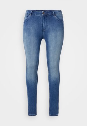 Trange bukser i middels blå denim med en falmet design. Har frontlommer og et standard liv med knap lukking.