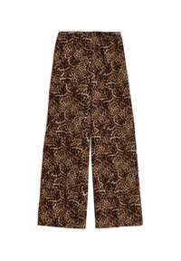 Leopardsmönstrade vida byxor med elastisk midja, gjorda av mjukt tyg i nyanser av brunt och beige, med en texturerad mönstring.