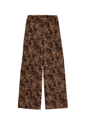 Leopardprint wijde broek met een elastische tailleband, gemaakt van zachte stof in bruin- en beigetinten, met een gestructureerd patroon.