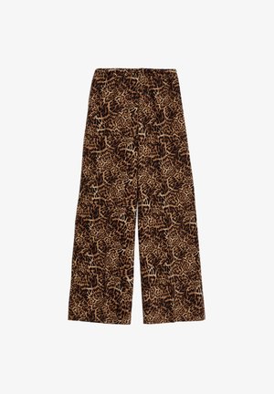 Leopardenmuster weit geschnittene Hose mit elastischem Bund, aus weichem Stoff in Brauntönen und Beige, mit einem strukturierten Muster.