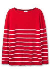 Rotes Langarmshirt mit horizontalen weißen Streifen, runder Halslinie und einem schwarzen Akzent am Saum. Hergestellt aus weichem Stoff.
