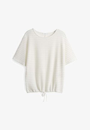 White short-sleeve top with textured fabric, loose fit, crew neckline, and drawstring hem detail for an adjustable silhouette.