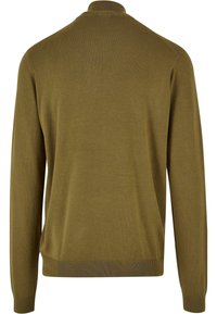 Olivgrüner, langärmeliger Pullover mit hohem Kragen, gerippten Bündchen und Saum, aus einem weichen Strickmaterial und mit glatter Textur.