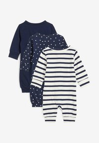 Tre tutine per bambini: una di un blu navy uniforme, una blu navy con pois bianchi e una bianca a righe blu navy. Tessuto di cotone, maniche lunghe, chiusura a scatto.