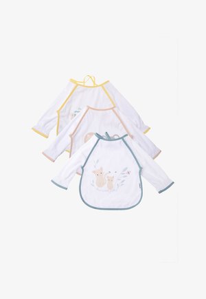 Three long-sleeve white bibs with colored trims (yellow, pink, blue) featuring animal designs and floral patterns. Soft fabric with a round neck.