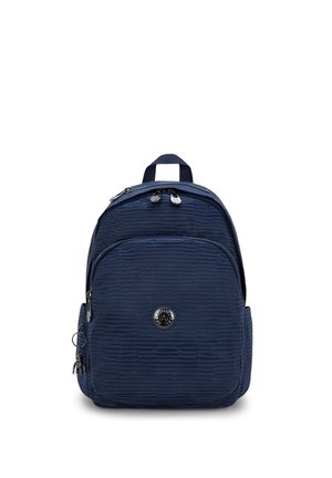 Navy blue backpack with a textured design, top handles, dual zippers, front pocket, and a circular logo accent.