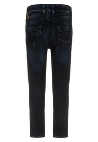 Mörkblå jeans i denim med rak passform, femfickorsdesign och subtil slitage på baksidan, med en medelhög midja.