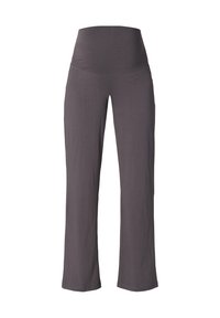 Graue, weite Hose aus weichem, dehnbarem Stoff. Verfügt über einen hohen, glatten Bund und saubere Nähte für ein elegantes Erscheinungsbild.