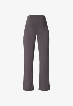 Graue, weite Hose aus weichem, dehnbarem Stoff. Verfügt über einen hohen, glatten Bund und saubere Nähte für ein elegantes Erscheinungsbild.