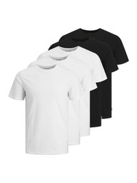 Pakke med fem bomulds T-shirts i tre farver: to sorte og tre hvide. Klassisk crew neck-design, korte ærmer, glat tekstur.