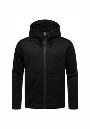 Black zip-up hoodie made of textured fabric, featuring a drawstring hood, two front pockets, and ribbed cuffs with no visible logos.