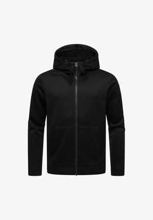 Črna zip-up kapuca iz teksturirane tkanine, z vrvico na kapuci, dvema sprednjima žepoma in rebrastimi manšetami brez vidnih logotipov.