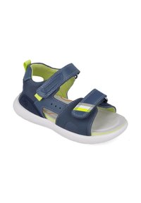 Sandalia infantil en azul marino con dos correas ajustables de Velcro y una suela blanca. Cuenta con un panel de malla transpirable y acentos en verde neón.