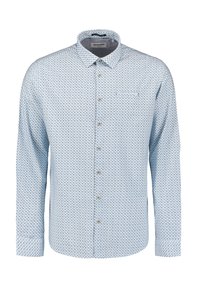 Chemise à manches longues bleu clair avec un motif géométrique, fermeture à boutons sur le devant, col pointu et poche poitrine unique. Tissu en coton doux.