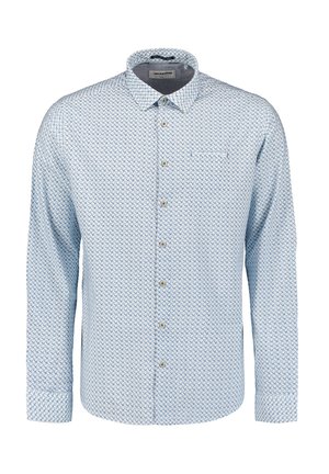 Himmelblaues Langarmhemd mit geometrischem Muster, Knopfleiste, spitzem Kragen und einer Brusttasche. Aus weichem Baumwollstoff.