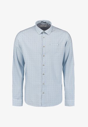 Lichtblauwe langjarige blouse met een geometrisch patroon, knoopsluiting aan de voorkant, puntige kraag en één borstzak. Zacht katoenen stof.