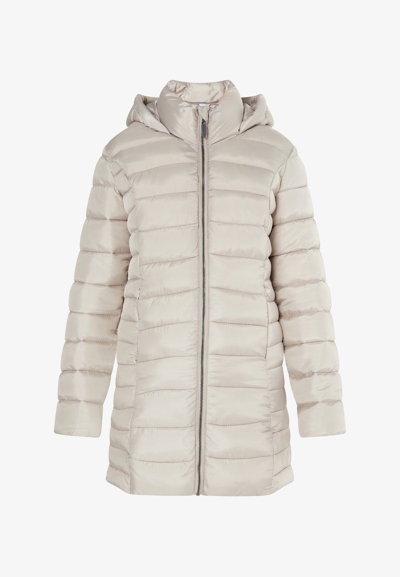 Lys beige pufferjakke med hætte, der har et horisontalt quiltet design, glat og skinnende tekstur, og en frontlynlås.