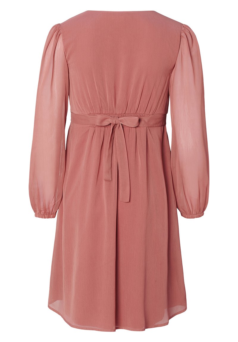 Rosa pinkfarbenes Kleid mit langen transparenten Ärmeln, tailliertem Schnitt und einer Schleifenverzierung am Rücken, fließendem A-Linien-Rock und glatter Textur.