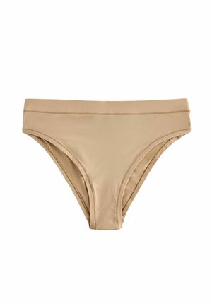 Nude bikini dolne części kostiumu kąpielowego z gładkim wykończeniem, wysokim stanem i minimalnym zakryciem. Wykonane z elastycznego, miękkiego materiału z elastycznymi krawędziami.