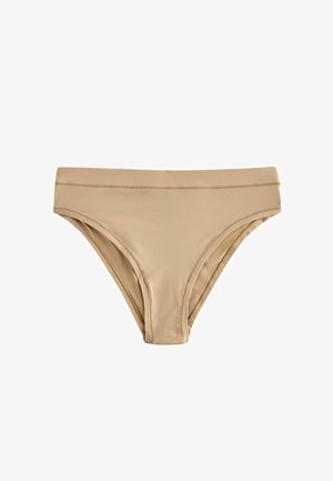 Bas de bikini nude avec une finition lisse, une taille haute et une couverture minimale. Fabriqué en tissu extensible et doux avec des bords élastiques.