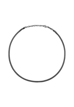 Sorte metalskæde med et slankt, glat design. Har sammenkoblede led og en sikker lukning. Flad profil.