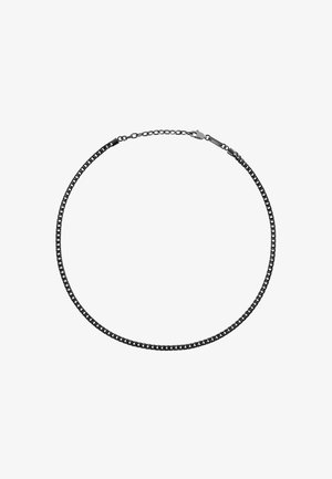 Czarny metalowy naszyjnik z łańcuchem o eleganckim, gładkim wzorze. Posiada splatane ogniwa oraz bezpieczne zapięcie. Płaski profil.