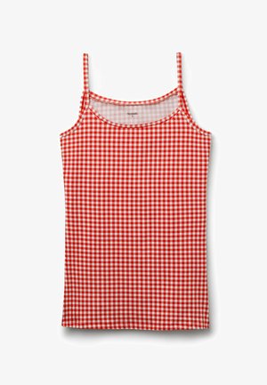 Červený a bílý kostkovaný tílko bez rukávů s tenkými ramínky a kulatým výstřihem.