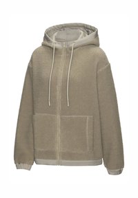 Taupefarbener Fleece-Kapuzenpullover mit Reißverschluss, ausgestattet mit einer Kapuze mit Kordelzug, zwei Vordertaschen und kontrastierendem, glattem Stoff an der inneren Kapuze und den Bündchen.
