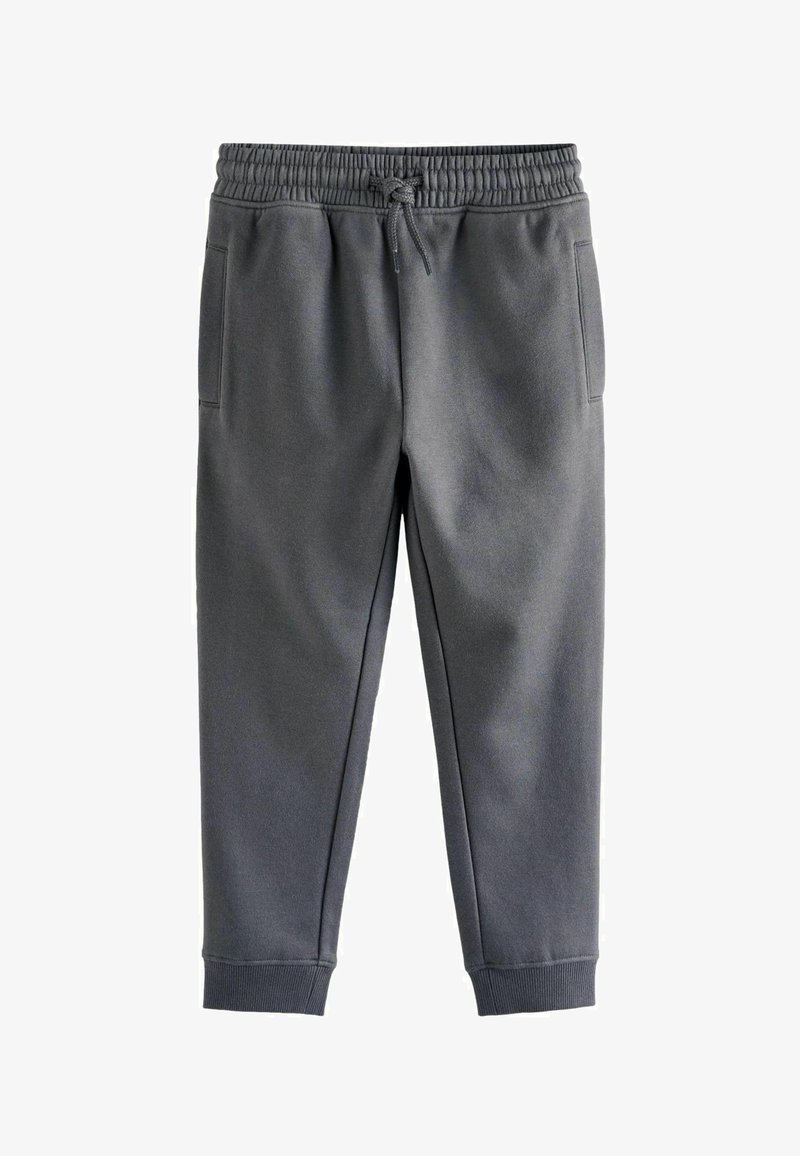 Pantalon de survêtement gris foncé avec taille élastique, cordon réglable, poches latérales et bords-côtes aux chevilles.