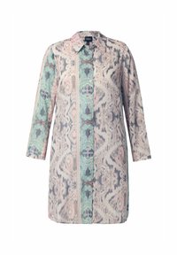 Camicia a bottoni con un motivo multicolore in tonalità pastello, con maniche lunghe, colletto verde e taglio dritto.