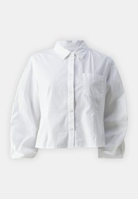 Camicia bianca in cotone con colletto, maniche lunghe e una tasca sul petto; presenta una vestibilità rilassata e una texture liscia.